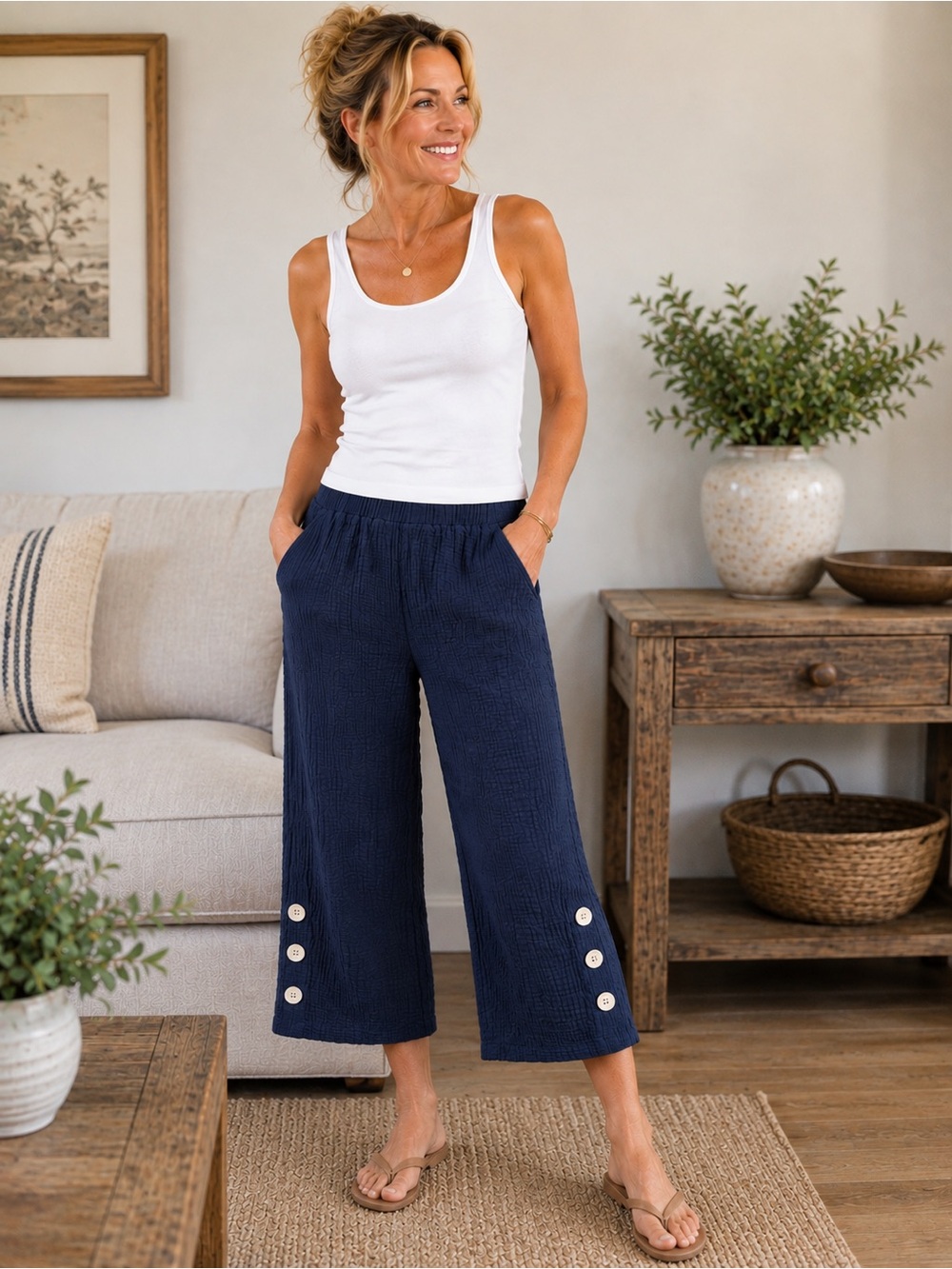 Toofan Navy Waffle Gauze Capri Pants Size Small Mother of Pearl Buttons Coastal